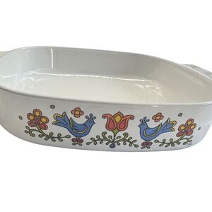 Vintage Ceramic Baking Dish with Folk Art Birds and Flowers